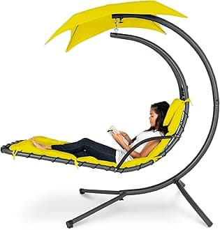 Best Choice Products Outdoor Hanging Curved Steel Chaise Lounge Chair Swing w/Built-in Pillow and Removable Canopy - Yellow