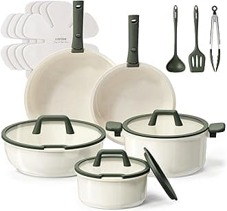 CAROTE 18pcs Ceramic Cookware Set, Pots and Pans Set, Induction Nonstick Kitchen,Non Stick RV Cookware Set with Detachable Handle, Dishwasher/Oven Safe, Green