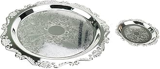 Quluxe Round Platter Serving Tray Metal Reusable Decorative Appetizer Platter Dessert Plate for Kitchen Party Centerpiece Display, 2 Pcs Silver (4 Inch+10 Inch)