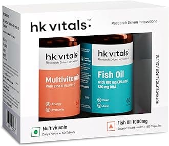 hk vitals Fish Oil and Multivitamin (60 Tablets Each) Combo Pack | 1000mg Omega 3 with 180mg EPA & 120mg DHA | Enhances Energy, Immunity & Joints Health