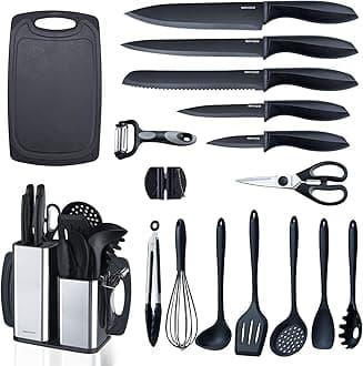 RAXCO Kitchen Utensils Set For Cooking-7 Cooking Utensils,5 Kitchen Utensils,6 Knife set,utensilios de cocina(18-in-1) (Black)