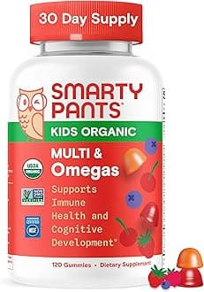 - SmartyPants Organic Kids Multivitamin Gummies: Omega 3 (ALA), Vitamin D3, C, Vitamin B12, B6, A, K & Zinc for Immune Support, Biotin, Vegetarian, Three Fruit Flavors, 120 Count (30 Day Supply)
