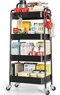 TOOLF 4-Tier Rolling Cart - Metal Storage Organizer with Lockable Wheels, 44 lbs Per Shelf Capacity, Tool-Free Assembly, for Kitchen Bathroom Office Laundry Room Nursery, Black
