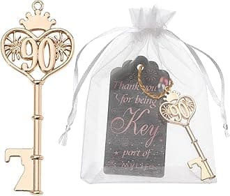 24pcs 90th Gold Key Bottle Opener 90th Birthday Party Favors, 90th Key Beer Bottle Opener Favors 90 Anniversary Souvenirs Return Gifts for Guests Party Decor Supplies
