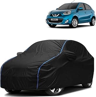 FAVY All Weather Resistant Car Body Cover Compatible with Nissan Micra Scratch Proof, Anti-Dust, UV Protection with Windproof Buckle Strap and Mirror Pockets, Bottom Elastic Fitted-Black