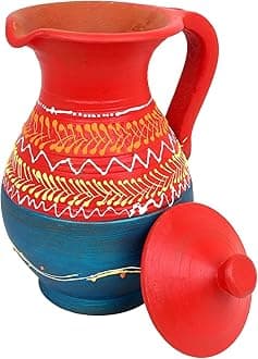 KSI Clay Water Jug Terracotta Water Jug Mud Pot Pitcher Mitti Ka Jug for Drinking Water with Lid Natural Earthen Clay Handmade Printed Surahi (1.5 litres)