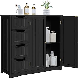 Wooden Bathroom Floor Cabinet, Side Storage Organizer Cabinet with 4 Drawers & Double Doors, Freestanding Entryway Storage Unit Console Table, Bathroom Furniture Home Decor, Black