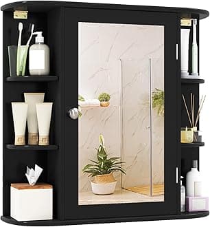 Bathroom Medicine Cabinet with Mirror, Modern Wall Mounted Space-Saving Storage Organizer with Mirrored Door, 4 Internal Shelves & 6 Open Side Shelves, Bathroom Wall Cabinet (Black)
