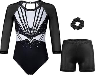 Gymnastics Leotards for Girls With Shorts Sparkly Ballet Dance Long Mesh Sleeve