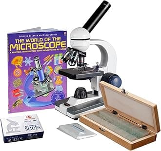 M150C-50WM-50P100S Compound Monocular Microscope, WF10x and WF25x Eyepieces, 40x-1000x Magnification, LED Illumination, Brightfield, Single-Lens Condenser, Coaxial Coarse and Fine Focus, Plain Stage, 110V, Includes Set of 50 Prepared Slides, 50 Blank Slides, 100 Coverslips, and Book