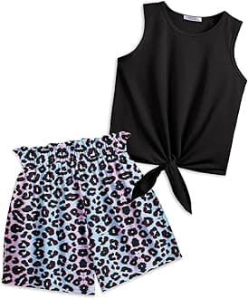 Arshiner Girl's 2 Piece Outfits Tie Knot Tank Top and Paperbag Waist Pocketed Summer Short Sets