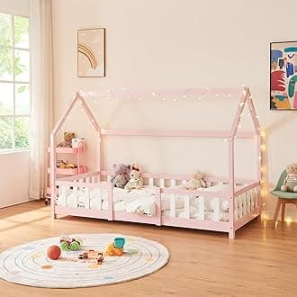[en.casa] Children's bed Sisimiut House bed 90 x 200 cm with fall-out protection Slatted frame Pine Pink/White