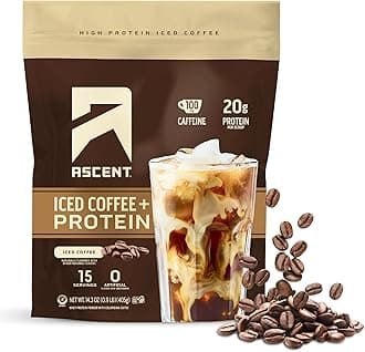 Ascent Iced Coffee Protein Powder - High Protein Coffee Powder, 20 g Protein & 100 mg Caffeine from Premium Colombian Coffee, Zero Artificial Flavors & Sweeteners - 15 Servings