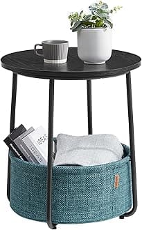 VASAGLE Small Round Side End Table, Modern Nightstand with Fabric Basket, Classic Black, Dark Turquoise