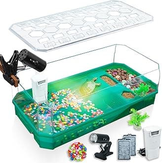 Aquatic Turtle Tank Habitat Kit Stone+Filter+Heat Lamp Enhancing Interaction with 360° Viewing, Standalone Filtration, DIY Creative Zone, Enriched Living (Green, Large[with Light])