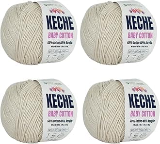 Keche Cotton Yarn, 60% Cotton 40% Acrylic Yarn, Soft Cotton Yarn for Crochet and Knitting, Amigurumi Yarn 4 Skeins/Balls [1.76 Oz (50g) / 180 Yrds (165m)] x 4 - Cream