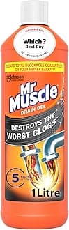Mr Muscle Drain Unblocker, Sink & Drain Cleaner (1L) Fast Acting Heavy Duty Drain Gel, Dissolves Clogs, Works 3x Better Than Bleach, Safe for All Pipes
