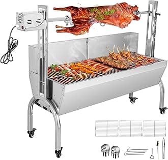 176LBS Rotisserie Grill Roaster with Back Cover Guard, 25W Motor Small Pig Lamb Rotisserie Roaster, 48.7 Inch Stainless Steel Charcoal Rotisserie Grill for Camping Outdoor BBQ