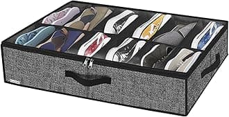 Onlyeasy Under Bed Shoe Storage Organizer with Sturdy Handles and Clear Window 1 Pack Fits 12 Pairs, Premium Foldable Underbed Shoes Container Box for Closet, Linen-like Black, MXAUBSB1P