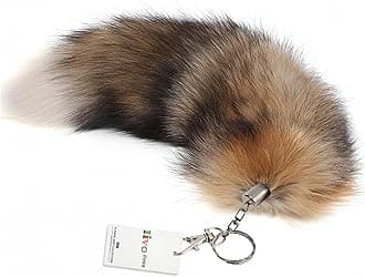 Iivos Fluffy Fox Tail Fur Keychain Cosplay Toy Party Costume Furry Wolf Tails Handbag Accessory Key Chain Ring Hook, Crystal Fox, About 16 inches