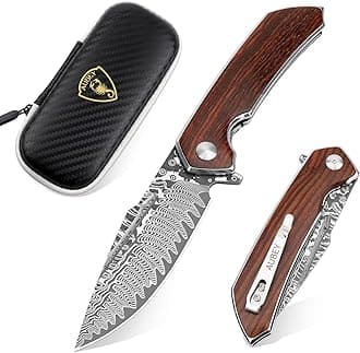 Damascus Pocket Knife with Clip, Damascus Steel Blade Folding Knives with Ball Bearing, EDC Knife for Outdoor Camping Collection (Wooden Handle)