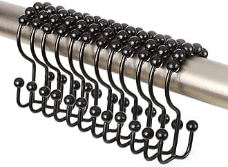 2lbDepot Double Shower Curtain Hooks Rings (Matte Black Decorative Finish) Premium Rust Resistant Stainless Steel Metal Hook, Roller Balls Glide on Shower Rods, Set of 12 Pieces