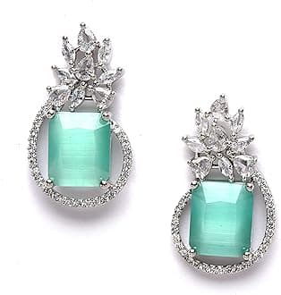 ZENEME Women's Oxidised Silver-Plated American Diamond Studded Paisley Shaped Studs Earrings