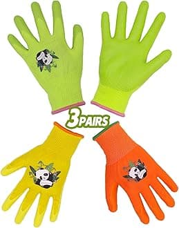 HANDLANDY 3 Pairs Kids Gardening Gloves for Age 2-13, Rubber Coated Toddler Garden Gloves for Childrens Little Girls Boys Youth (Size 5)