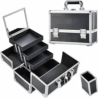 Makeup Train Case Makeup Case 3-Tray Cosmetic Box with Mirror, Shine Black, 11.8-in Large Makeup Box with Detachable Brush Holder, Lockable Portable Makeup Travel Organizer Case
