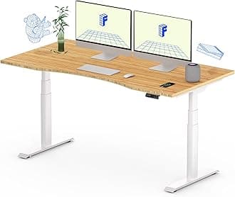 E6 Pro Oval Leg Dual Motor 3 Stages Bamboo Electric Standing Desk 55x28 Inch Whole-Piece Board Height Adjustable Electric Sit Stand Up Desk (White Frame + Bamboo Curved Desktop)