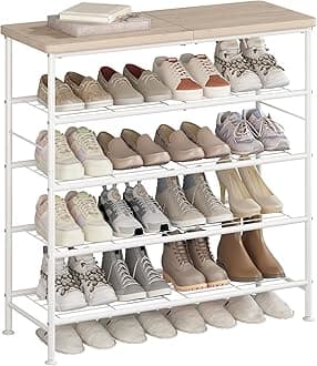 SUOERNUO Shoe Rack Organizer 5 Tier for Closet Entryway Free Standing Metal Storage Shoe Shelf with MDF Top Board，White+Oak