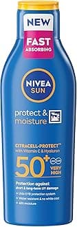 – NIVEA SUN Protect & Moisture Sun Lotion SPF 50+ (200 ml), Suncream with Vitamin C and Hyaluron, Provides 48H Moisture and Immediate UVA/UVB Protection, Fast-Absorbing, No White Cast Formula
