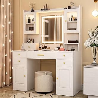 Wakefit Vanity Desk with Mirror and Lights, 42IN Makeup Table with 6 Drawers and 2 Cupboard Storage, Vanity Makeup with Power Outlet | LED Light with 3 Color Modes | Adjustable Brightness | White