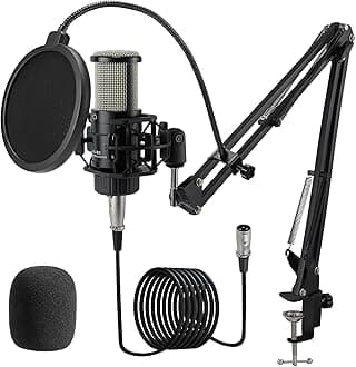 XLR Condenser Microphone, Professional Cardioid Recording Microphone Kit with 25mm Diaphragm for Streaming, Podcasting, Singing, Vocal, Studio Mic with Boom Arm, Shock Mount, Pop Filter (AC22)