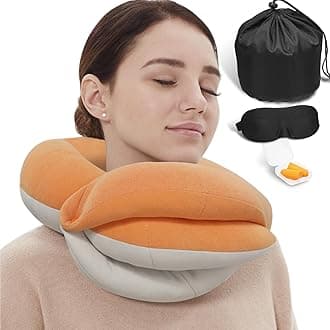 BUYUE Travel Neck Pillows for Airplanes, 360° Head Support Sleep for Long Flight, Skin-Friendly & Breathable, Kit with 3D Contoured Eye Mask, Earplugs and Storage Bag (Adult, Orange, 90+ lbs)