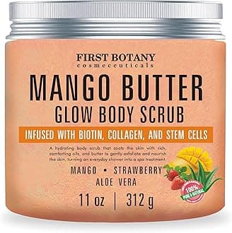 Mango Butter Body Scrub Exfoliator Biotin, Collagen, Stem Cells - Natural Exfoliating Salt Scrub & Body and Face Souffle helps with Moisturizing Skin, Acne, Cellulite, Dead Skin Scars, Wrinkles- 11 oz