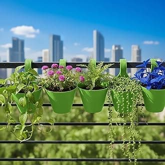 Go Hooked Plastic Hanging Planter for Plants, Vertical Gardens, Modern Living, Greenery, Compact Living Spaces, Railing Flower Pots, Pot Diameter (22 cm), Pot Height (17 cm) (Set of 5) (Green)