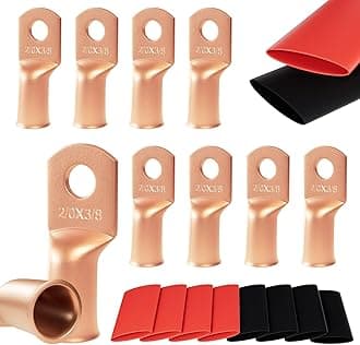 10pcs 2/0 Awg(00 Guage) - 3/8" (M10) Sanuke Wire Lugs Ring Terminal Connectors Ends, Heavy Duty Wire Connectors, Battery Cable Lug Wire Electrical Eyelets with 3:1 Dual Wall Adhesive Heat Shrink