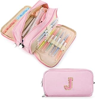 Extra Large Capacity Pencil Case 3 Compartment Initial Pencil Pouch Personalized Cute Aesthetic Stationery Pen Case Bag for School Teen Girl Boy Men Women Gift (J, Pink)