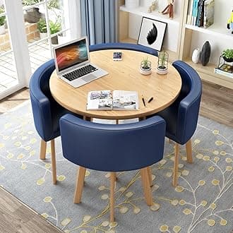 Round Kitchen Dining Table Set for 4, Space Saving Table and Chairs Set with Thick Tabletop 4 Upholstered Chairs, Dinning Room Modern Casual Coffee Table Set(D 31.5inch/80cm, PU Deep BlueA)