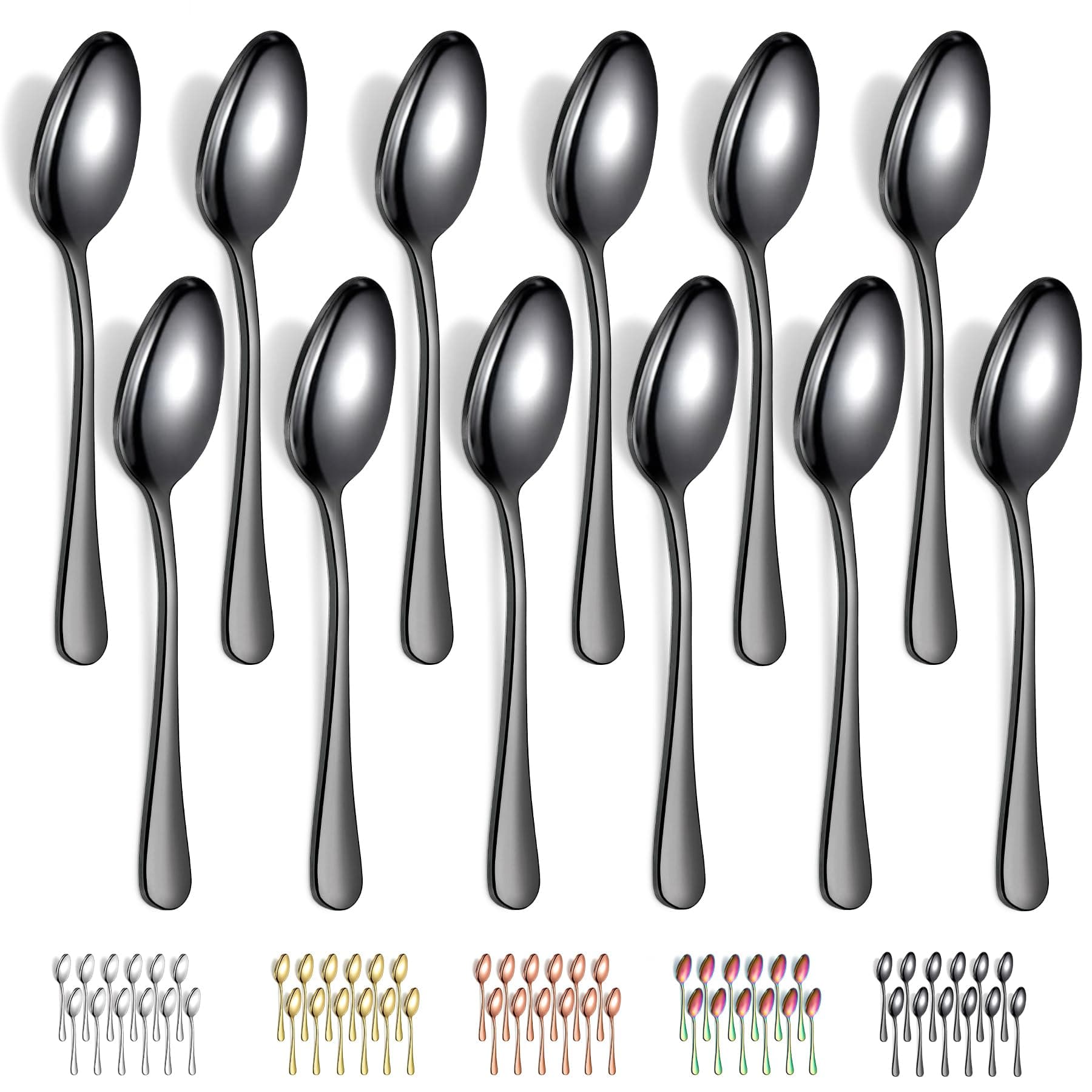 Evanda Black Dinner Spoons 12 Pieces, Black Titanium Plating Stainless Steel 18.5cm Spoons, Dessert Spoons, Table Spoon, Soup Spoons, Easy to Clean, Dishwasher Safe, EV.1010DS.B12