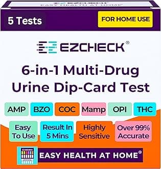 [5 Pack] EZCHECK® 6-Panel Drug Test - at-Home Rapid Urine Screening Kit for 6 Most Used Drugs: (THC-Marijuana, BZO-Benzos, MET-Meth, OPI/MOP-Opiates, AMP-Amphetamine, COC)