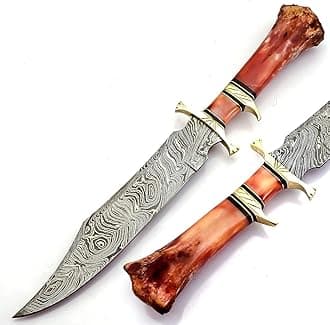Damascus Knife | Hunting Knife With Sheath | Survival Knife for Camping, Fishing | Ideal Knives for Men | Bowie Knife Made in the USA | Kukri Machete | Camel Bone Handle | 10 Inch Sharp Blade