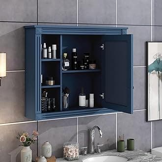 LZ LEISURE ZONE 35'' x 28'' Wall Mounted Bathroom Storage Cabinet, Modern Bathroom Wall Cabinet with Mirror, Mirror Cabinet with 6 Open Shelves, Blue