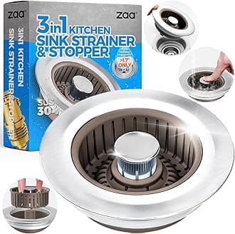 Upgraded 3in1 Kitchen Sink Drain Strainer & Sink Stopper, Stainless Steel Kitchen Drain Plug & Cover with Anti-Clogging Basket Strainer, Fit US Standard 3-1/2'' Sink Drain Hole, Brown