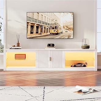 80 Inch TV Stand for 75/85/86 inch TVs, Modern LED Entertainment Center with Fluted Storage Cabinet & Adjustable Shelves, High Gloss TV Console Table for Living Room Bedroom, White Glossy
