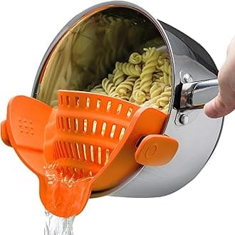 Kitchen Gizmo Snap N Strain Clip On Strainer for Pots and Pans - Adjustable Silicone Colander for Kitchen - Compact Clip-On Food Strainer for Draining Pasta and Vegetables - Orange