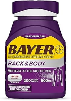 Bayer Back & Body 500mg Aspirin Plus Caffeine for Powerful Pain Relief, 200 Coated Caplets