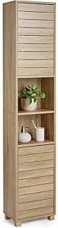 Tall Bathroom Cabinet – Oak Wood Effect Bathroom Tallboy with Slatted Design - Tall Storage with 2 Handleless Cupboard Doors, 5 Internal & 2 Open Shelves - for Kitchen & Hallway - Chester