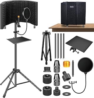 Microphone Isolation Shield with Pop Filter & Tripod Stand, Foldable Mic Shield with Triple Sound Insulation, High Density Mic Sound Shield for Recording Studio, Podcasts, Singing, Broadcasting